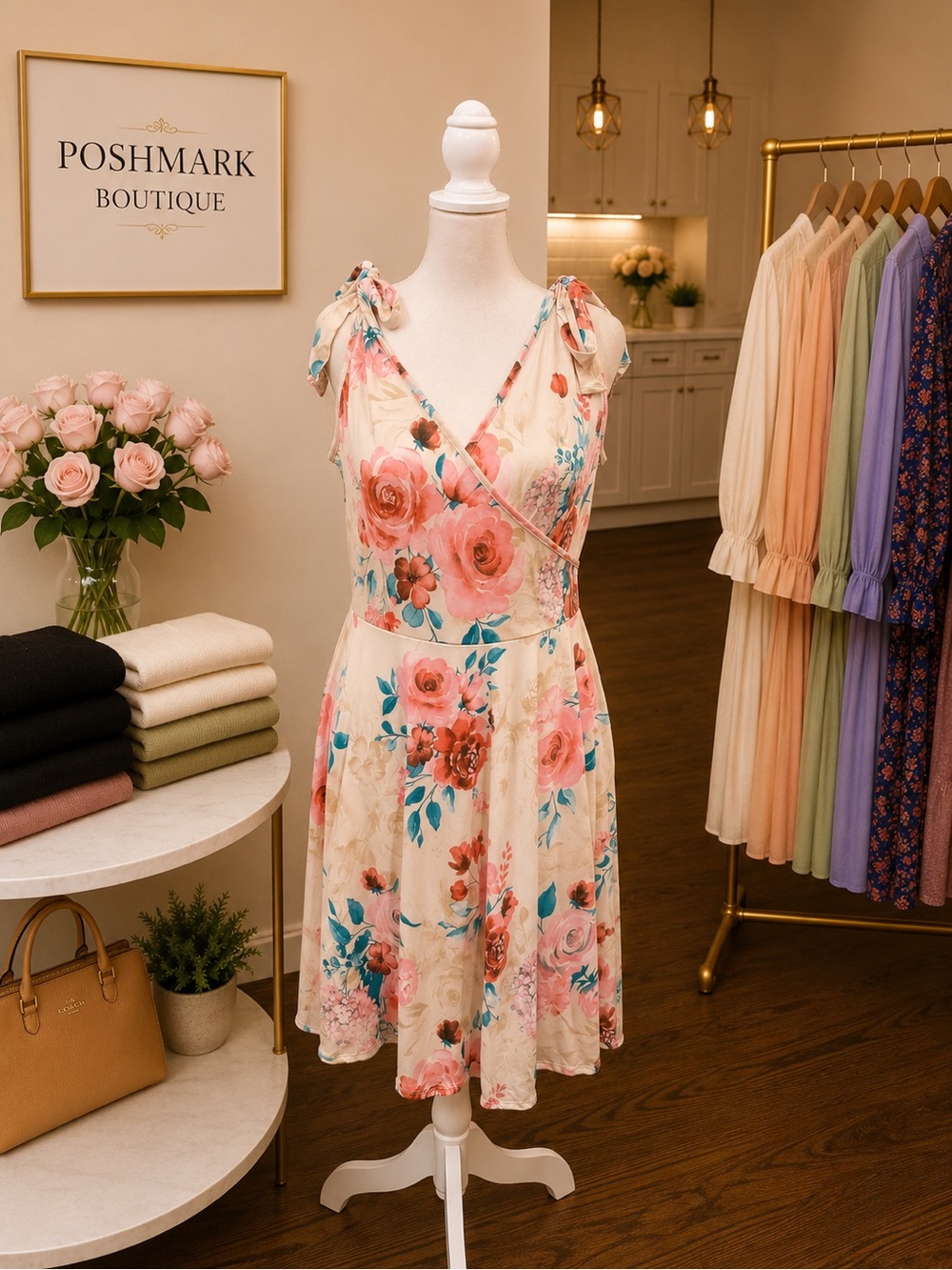 White Birch Floral Faux Tie Shoulder Dress Medium Large XL Lined Boutique